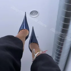Blue Slingback Pointed Toe Stiletto Slippers Patent Leather Summer Party British Style New Women Shoes 2024 Zapatos Para Mujere