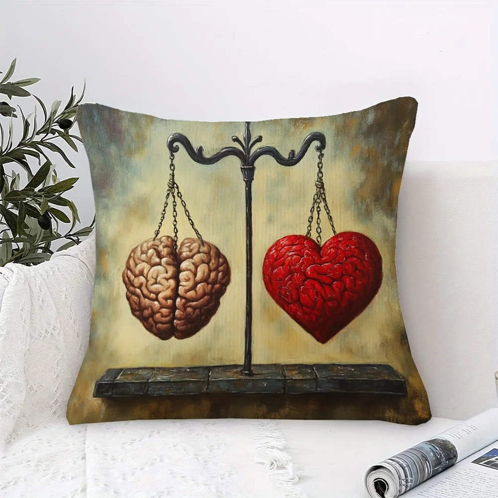 Heart and Brain Balance Scale Double-Sided Pillowcase, Artistic Mental Health Cushion Cover with Zipper, Washable Decor Case