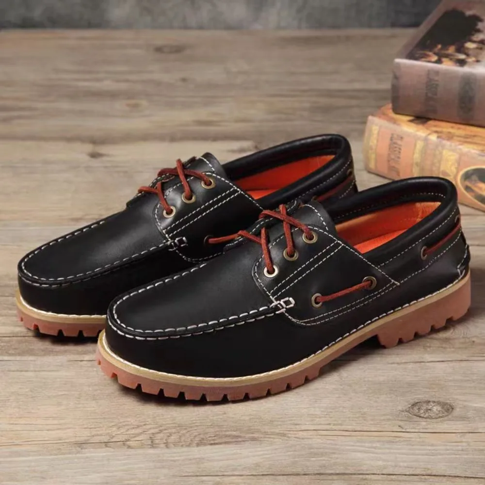 Fashion Genuine Leather Men's Loafers Soft Casual Shoes Moccasins Boat Shoes Platform Male Black Brown Lace-up Oxfords Non-slip