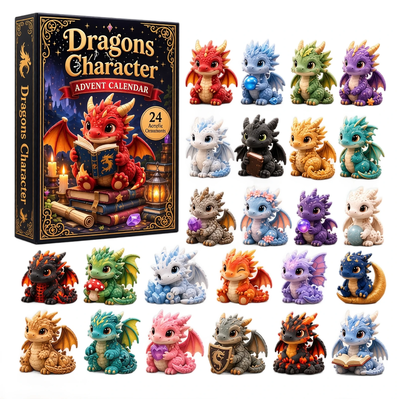 Dragons Character Advent Calendar 24 Pcs Cute Baby Dragon 2D Acrylic Hanging Ornaments Christmas Countdown Gift Box for Fantasy