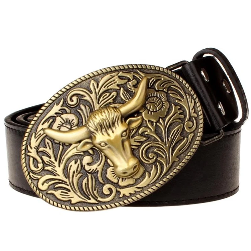 Brass Bull Head Pattern Fashion Men Leather Belt Cow Horn Royal Floral Vines Women Jeans Waistband