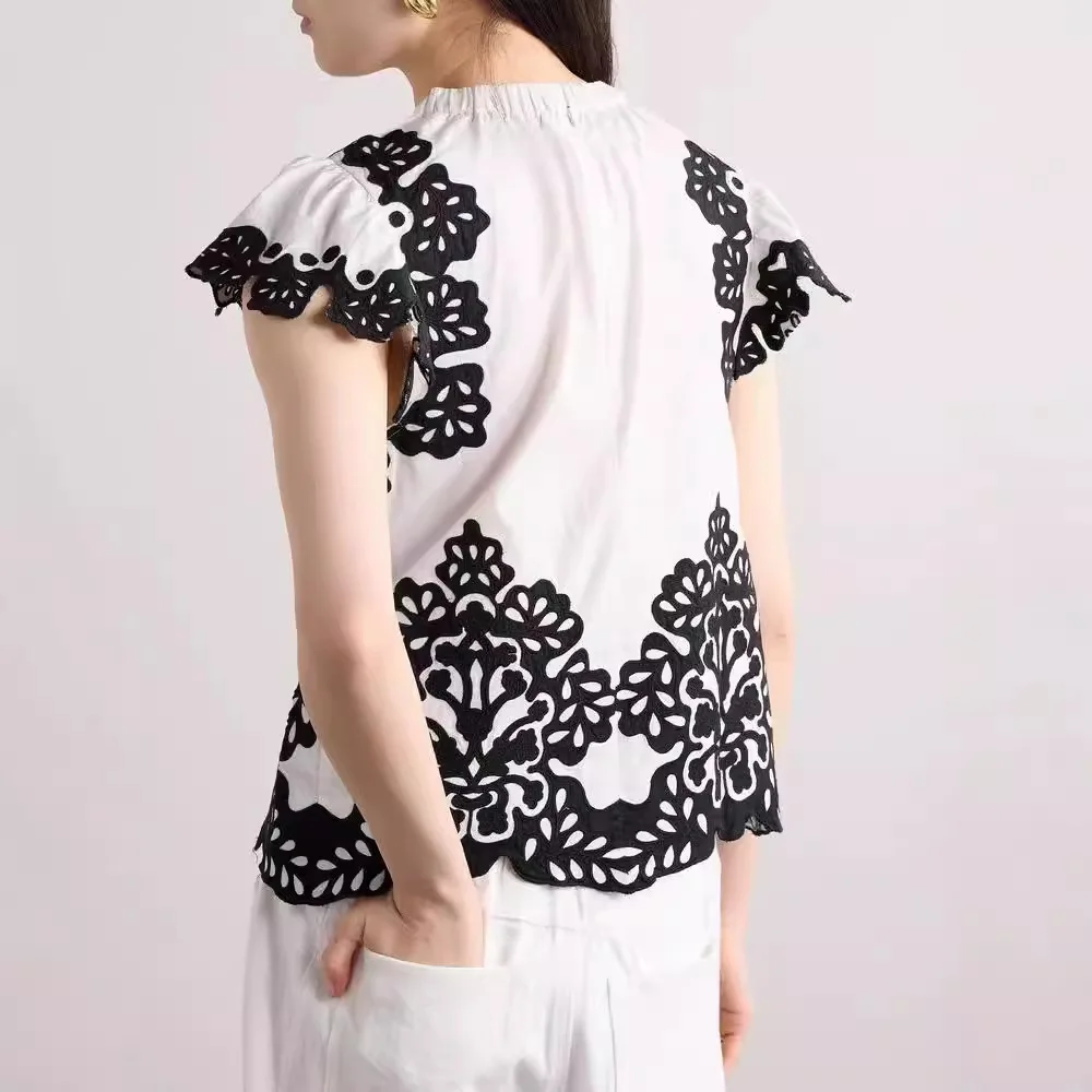 Sezanes Fashion Shirt Short Sleeve Summer Vintage Black and White Applique Embroidery Elastic Round Neck Dash Sleeve T-Shirt