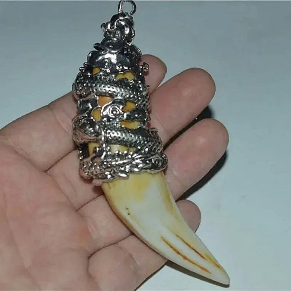 Men Women Antique Silver Dragon Boar Tooth Pendant Necklace, Exquisite Inlaid Design Fashion Jewelry for Couple Party Gift