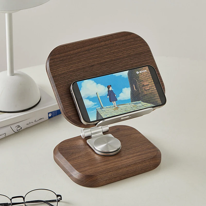 

360° Rotating Black Walnut Phone Stand Solid Wood Adjustable Folding Tablet Holder Desktop Decoration