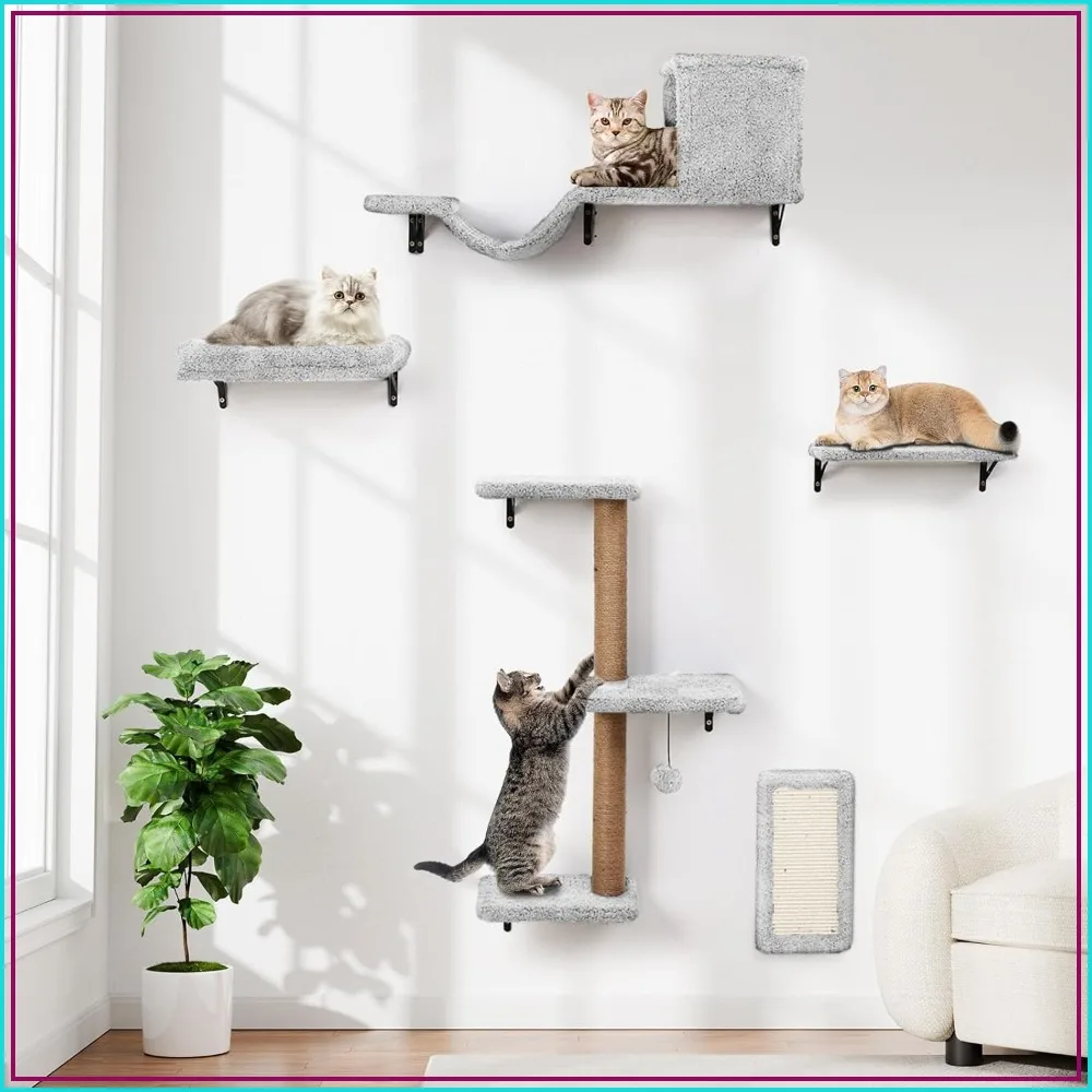 

5-in-1 Cat Wall Shelves, Multi-Level Climbing Furniture, Perch & Lounge for Indoor Cats, Space-Saving Wall Mounted Shelves for Play & Rest