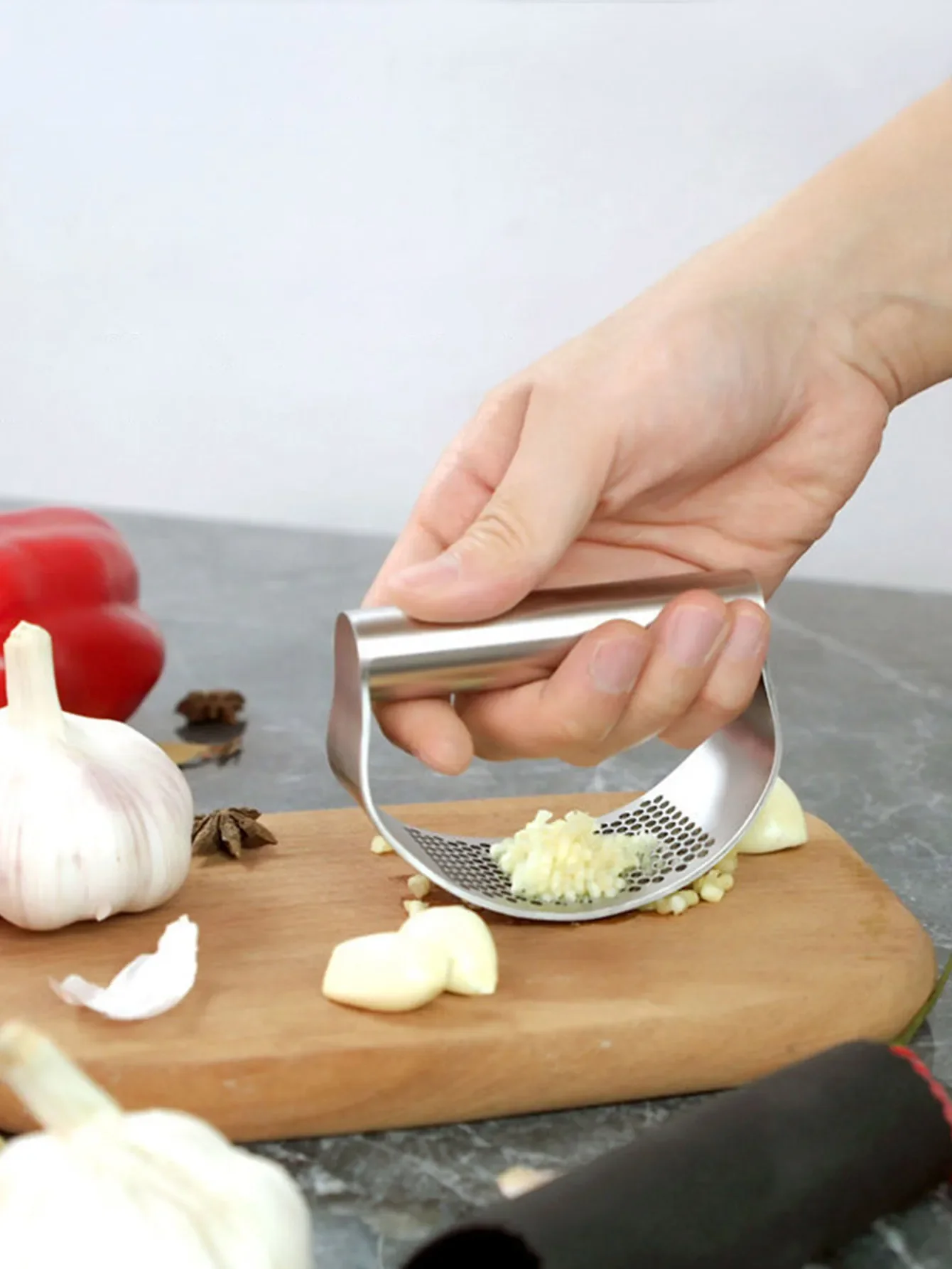 Manual Stainless Steel Garlic Mincer, Garlic Crusher Press for Fruits & Vegetables, Kitchen Food Processor Tool