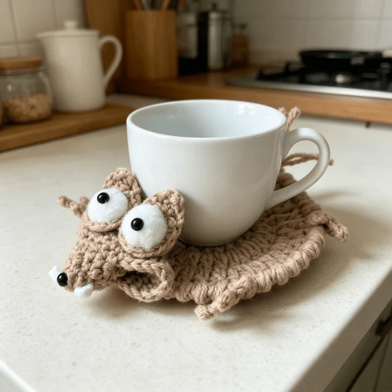 Sous-verre en forme d'écureuil mignon, fait main au crochet, ornement de bureau multifonctionnel, joli souvenir, cadeau pour diverses occasions festives