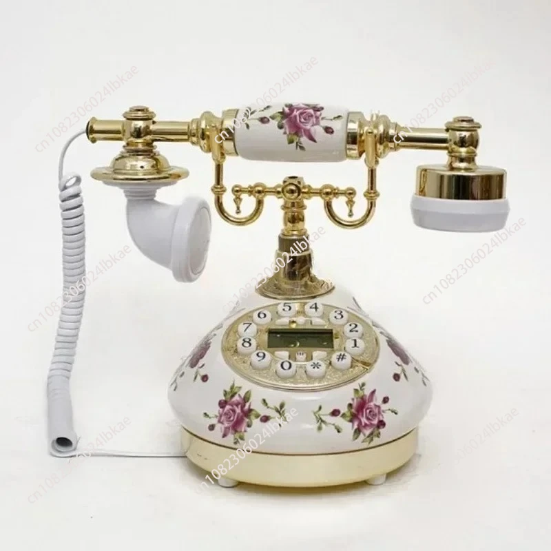 

Wired Telephone Home Electroplating Blue Screen Retro Telephone Rural Ceramic Antique Decoration Desktop Crafts AA
