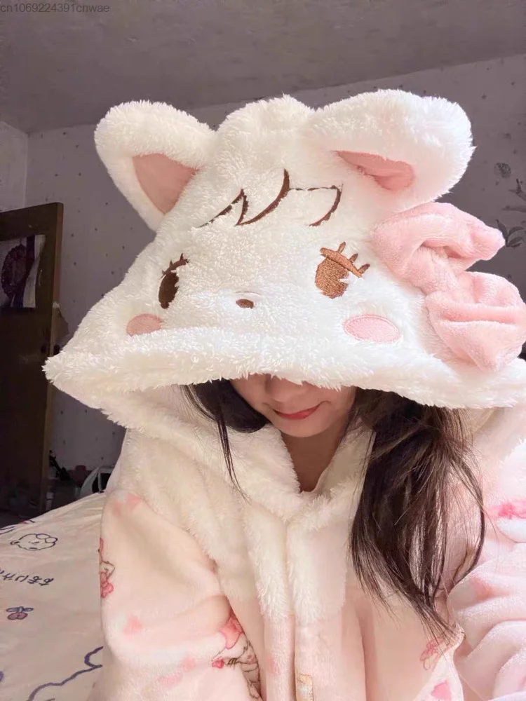 Kawaii Mikko Coral Plush Sleepwear Set Female Cartoon Cute Warm Pijama Pjs Thickened Home Fur Sleeping Wear Two Piece Set Girls