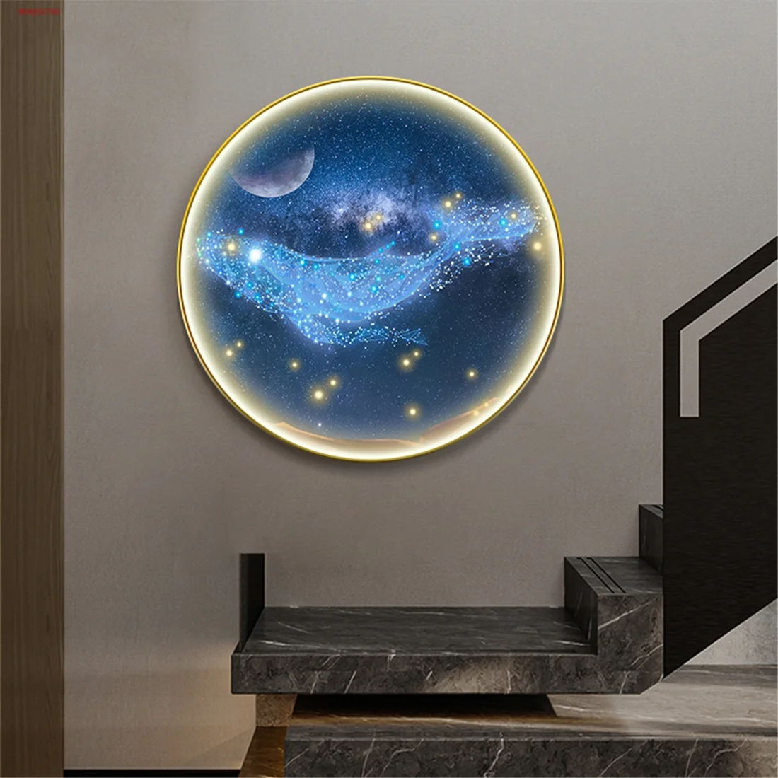 Whale Entrance Round Decorative Mural Led Wall Lamp For Hotel Attic Staircase Luxury Indoor House Foyer Art Night Light Fixtures