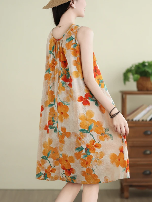 

Summer Large Size Vest Dr Women's Loose Strap A-Line Skirt Cotton Linen round Ne Print Svel Dr Commute Sle