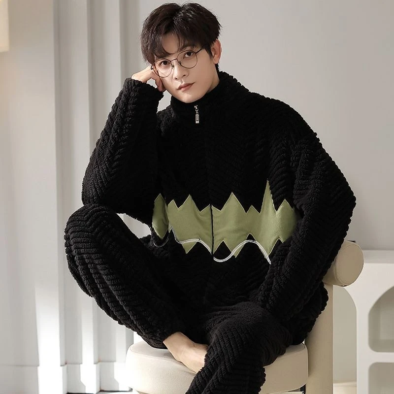 [Top Gua Gua] Pajamas Men's Coral Fleece Long Sleeve Autumn and Winter Thickened Fleece Two-piece Set Cardigan Premium Zipper
