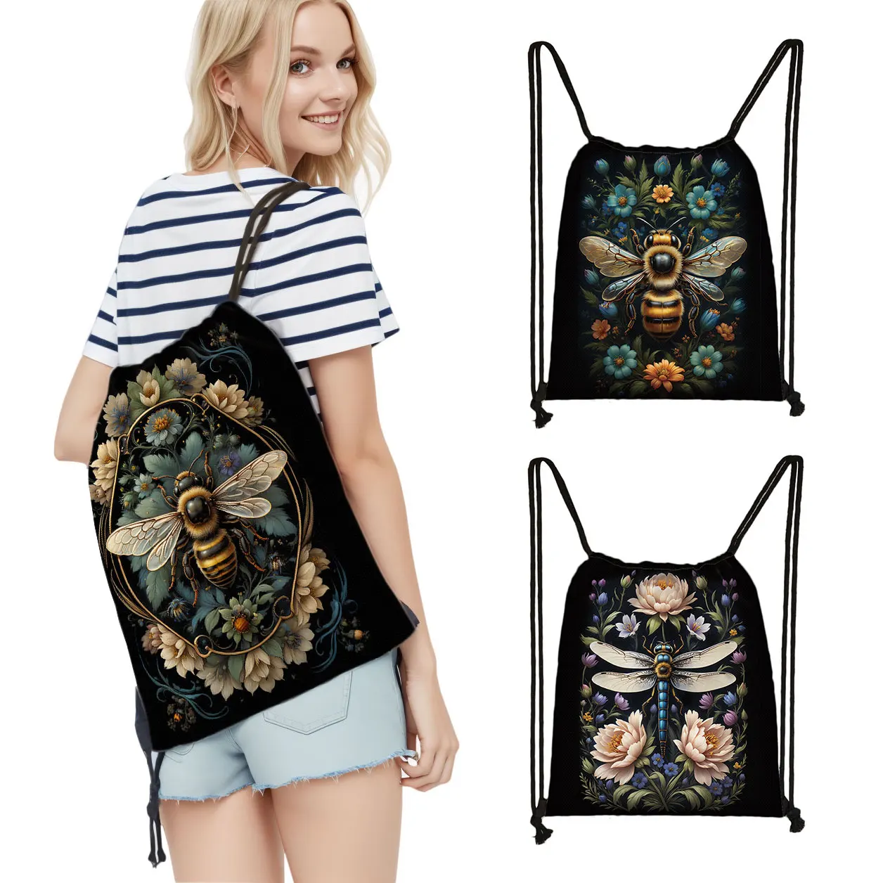 Elegant Honeybee Dragonfly Floral Print Backpack Women Men Drawstring Bag Outdoor Gym Shoes Storage Bags for Travel Bookbag
