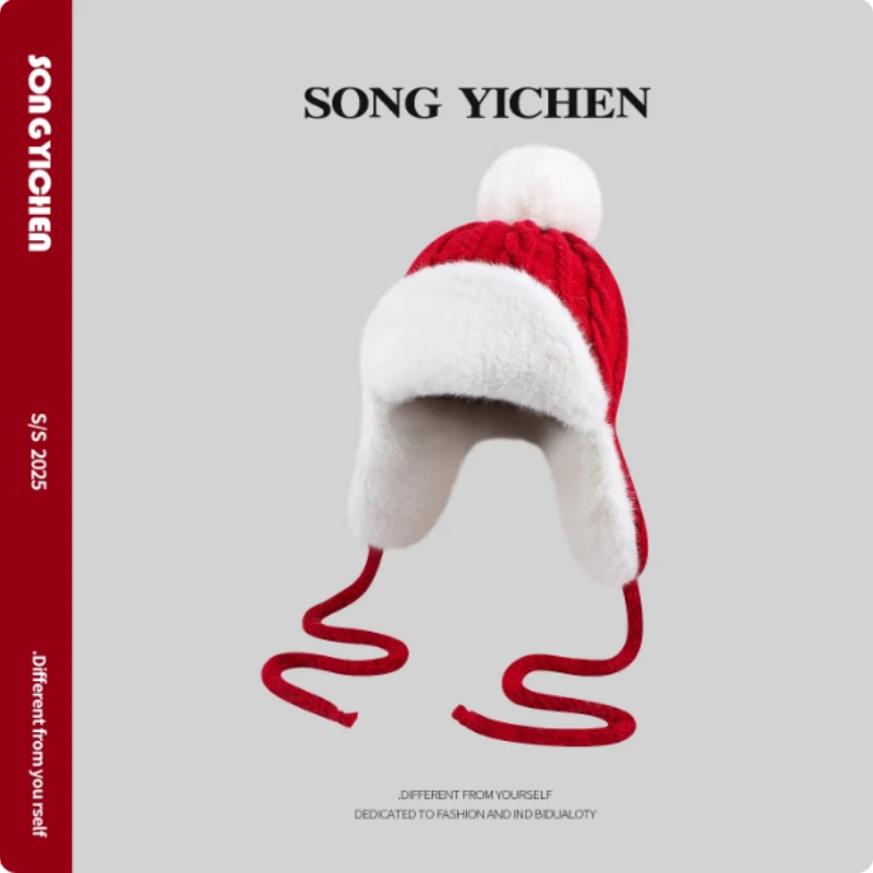 جديد الكورية أفخم محبوك قبعة الطيار الشتاء في الهواء الطلق سميكة الدراجات يندبروف حماية الأذن للحفاظ على الدفء Bomber القبعات للنساء