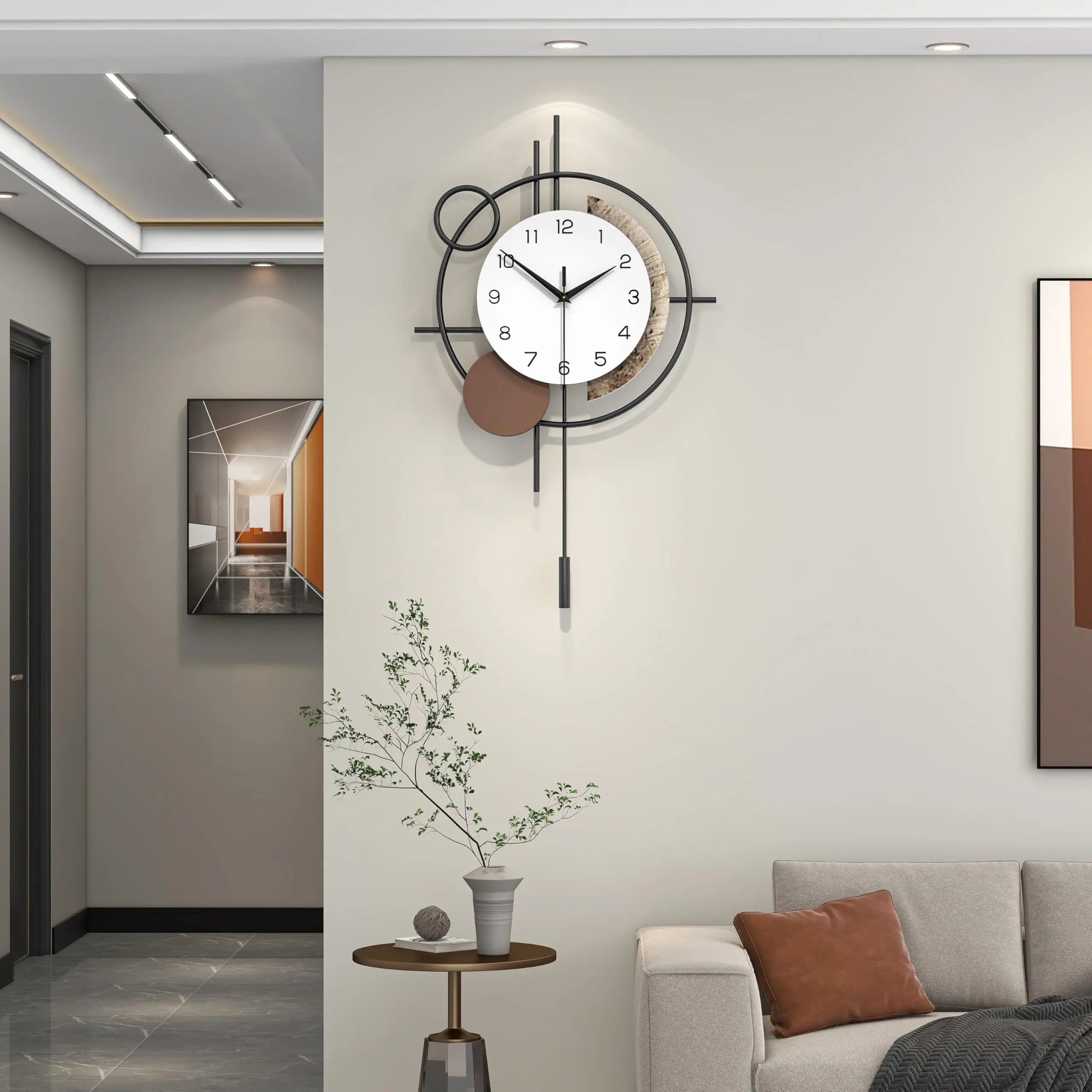 

Modern Geometric Wall Clock With Pendulum Silent Quartz Battery Operated Black Metal Large Decorative Clock For Living Room