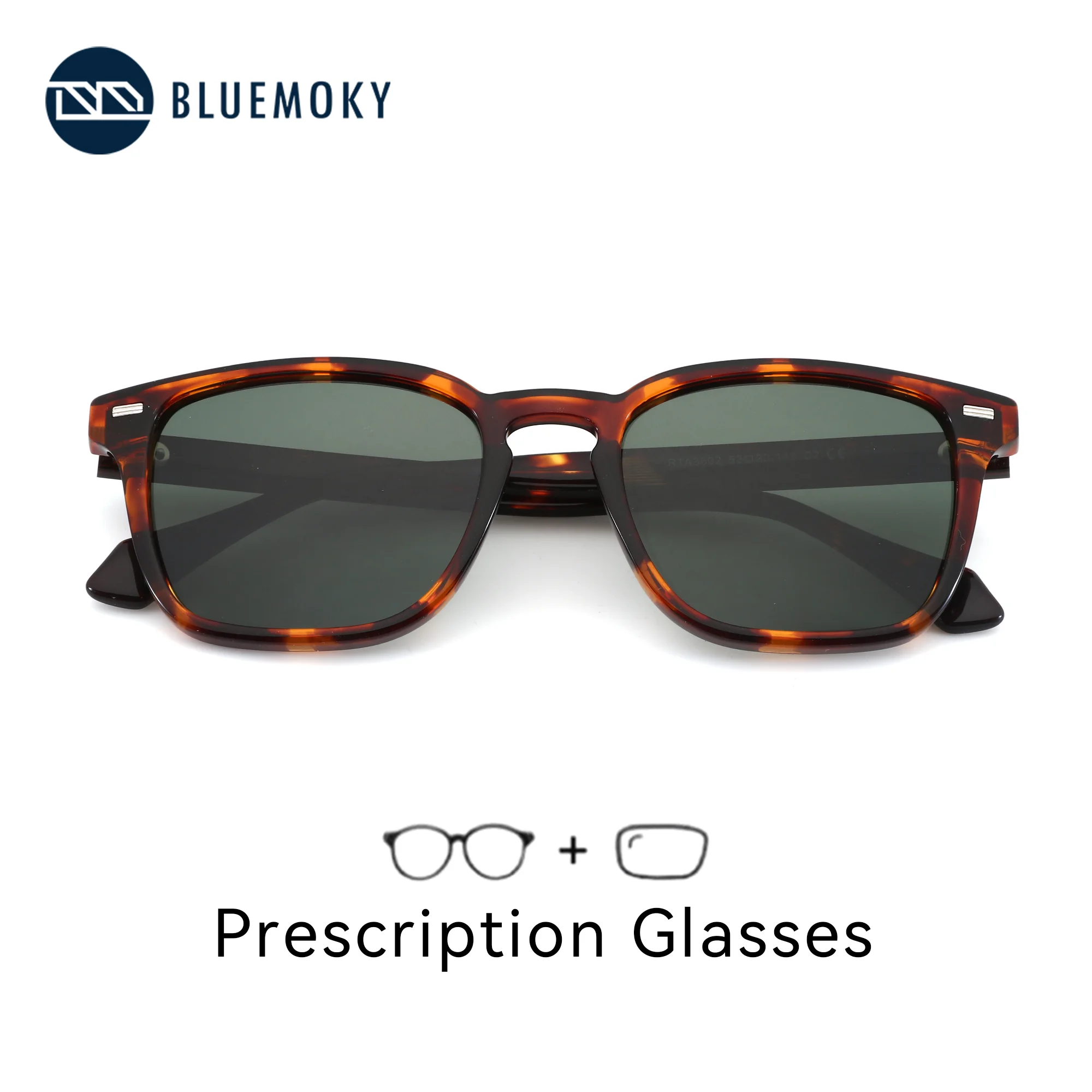 

BLUEMOKY L Size Square Polarized Prescription Sunglasses For Men Acetate UV400 Protection Progressive Optical Sun Shades