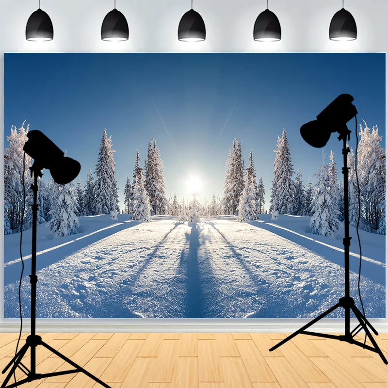 Snowflake Pine Forest Frozen Stream Photography Background Frost Snow Hill Winter Wonderland Studio Backdrops AM-01