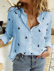 Spring And Autumn Women's Printed Long Sleeved Shirt Casual Loose Retro Cotton And Linen Solid Color Top Female Office Tops 2023