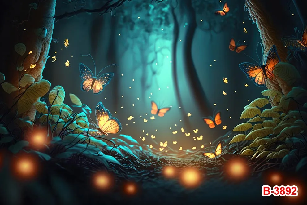 خلفية مشهد حالم لحديثي الولادة ، خلفية المغامرة ، حكاية خرافية ، الغابات والأدغال ، الفراشات ، القمر والليل ، اليراع وأرض العجائب
