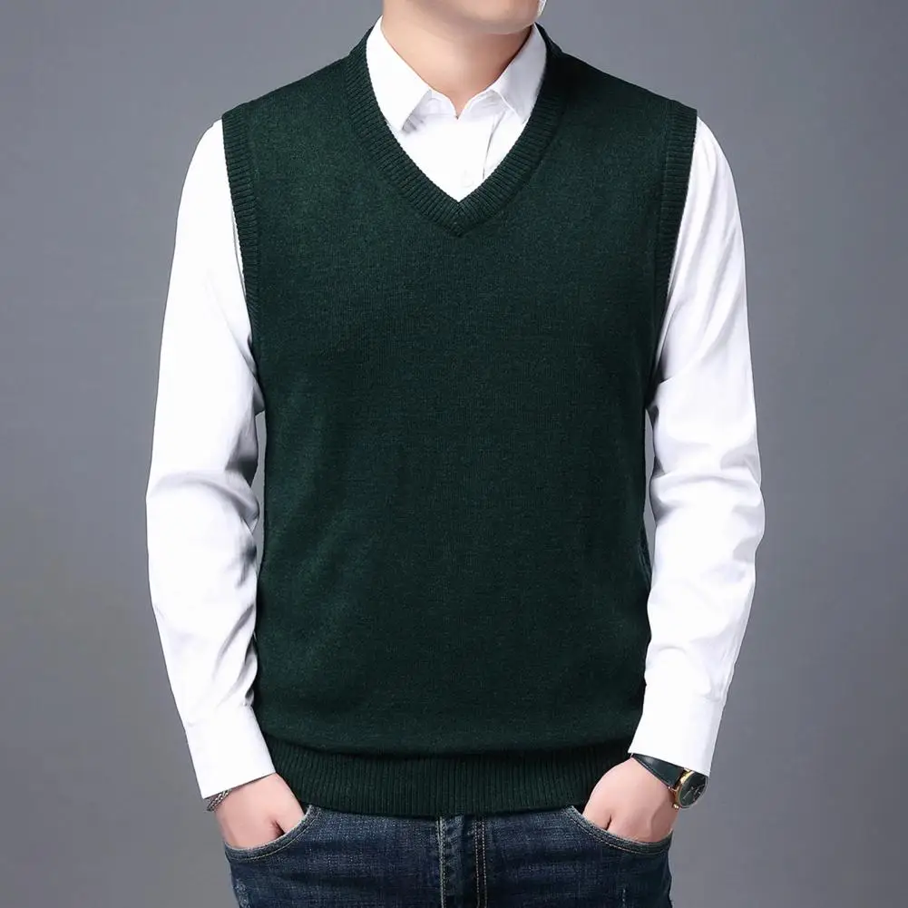 High Quality Men Sweater Vest Solid V Neck Sleeveless Anti Pilling Knitwear Autumn Winter Ribbed Bottom Waistcoat Streetwear