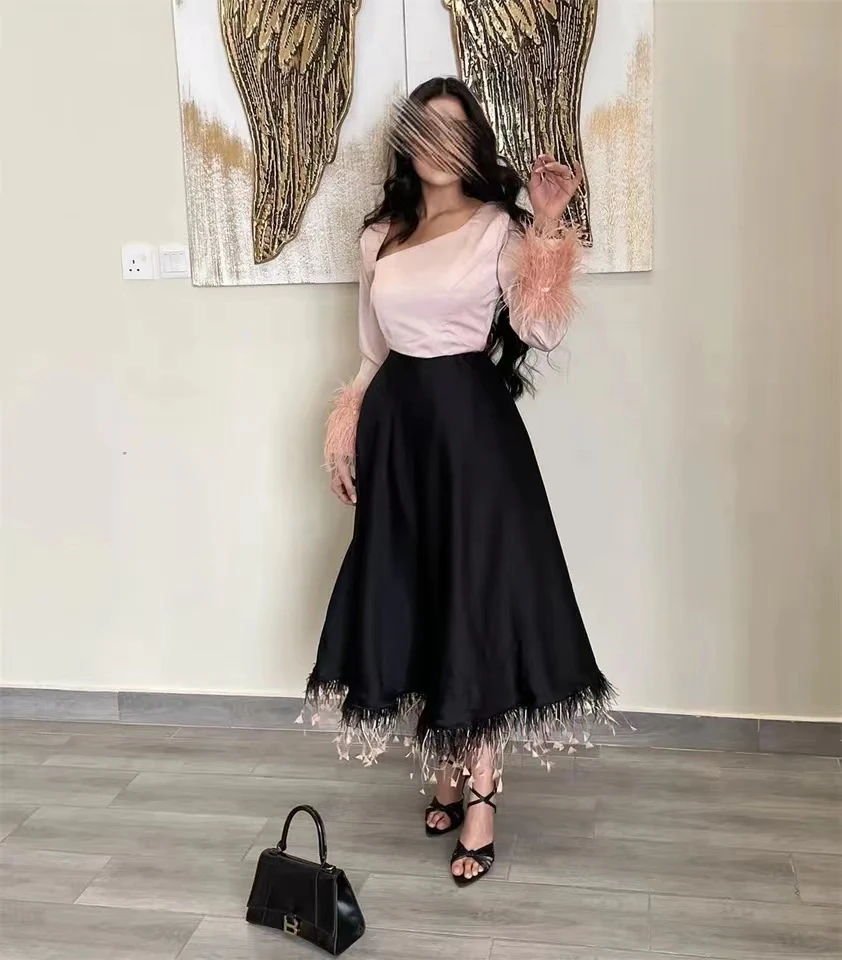 

Feathers Long Sleeves Prom Dresses A-Line Ankle-Length New Neckline Pink Black Evening Dresses Formal Party Gown Vestidos De