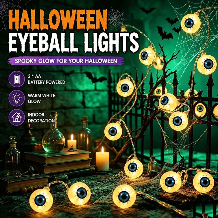 Creepy Eyeball LED String Lights, Battery Powered Halloween Fairy Lights with Realistic 3D Eyeballs for House, Horror Party