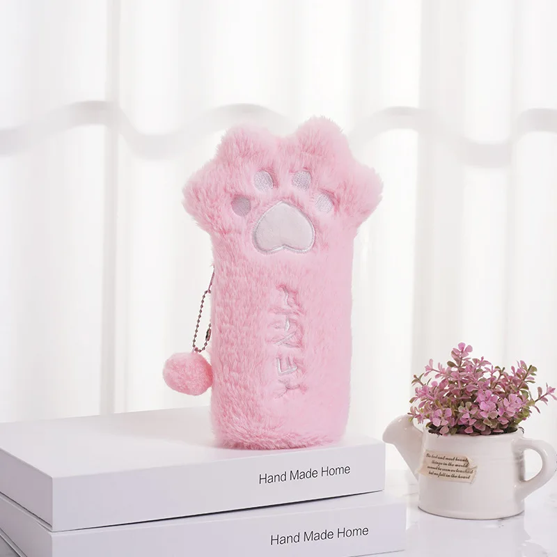 Estuche de lápices de felpa con forma de pata de gato, estuche de lápices para estudiantes de gran capacidad, práctico para organizador de papelería, escuela diaria