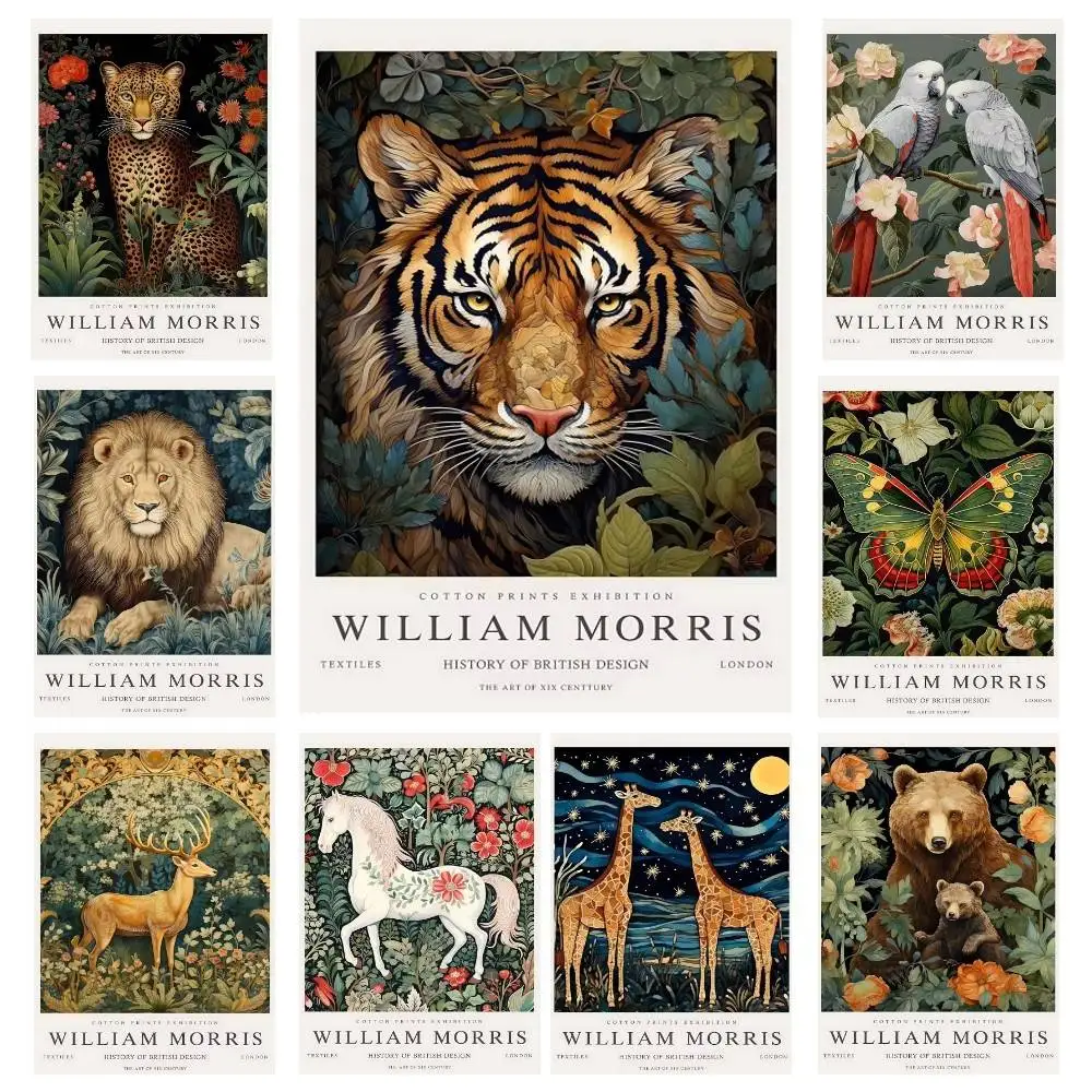 William Morris Animal Tiger Lion Leopard Fox Posters High Quality Self-adhesive Wall Art Decorations Color Prints Sticky