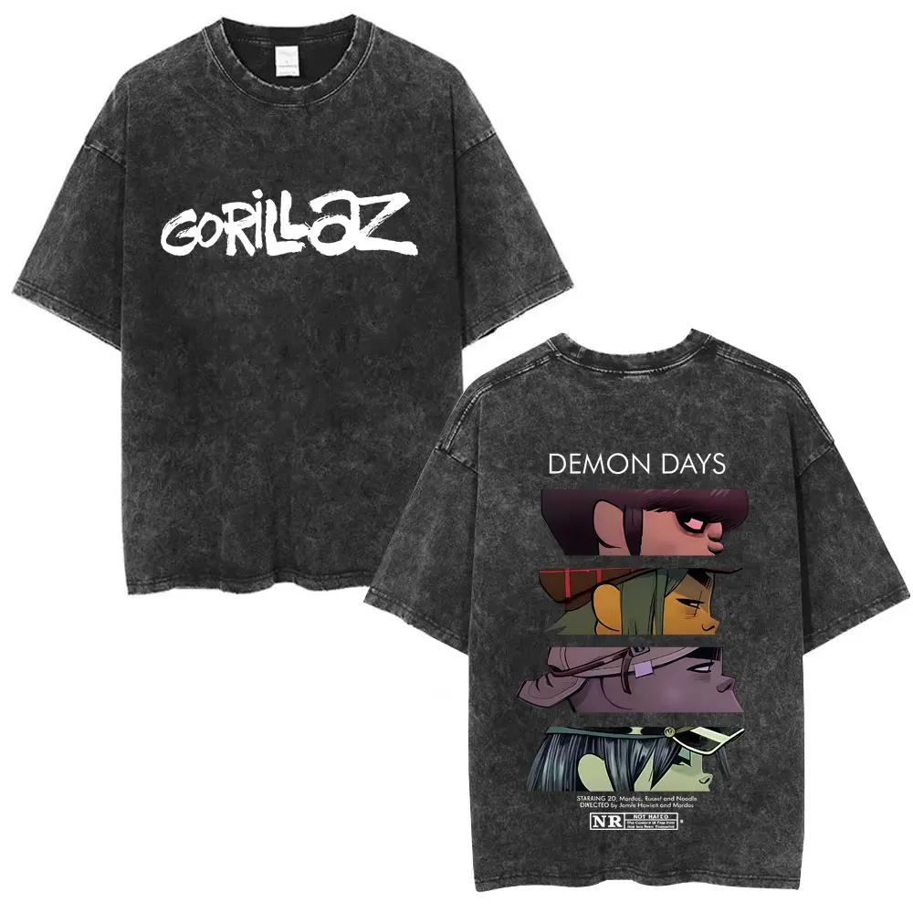 Washed Vintage Rock Band Gorillaz The Now Now Album Graphic T-shirts Men Women Clothing Hip Hop Punk Oversized Crewneck T Shirts - Image 4
