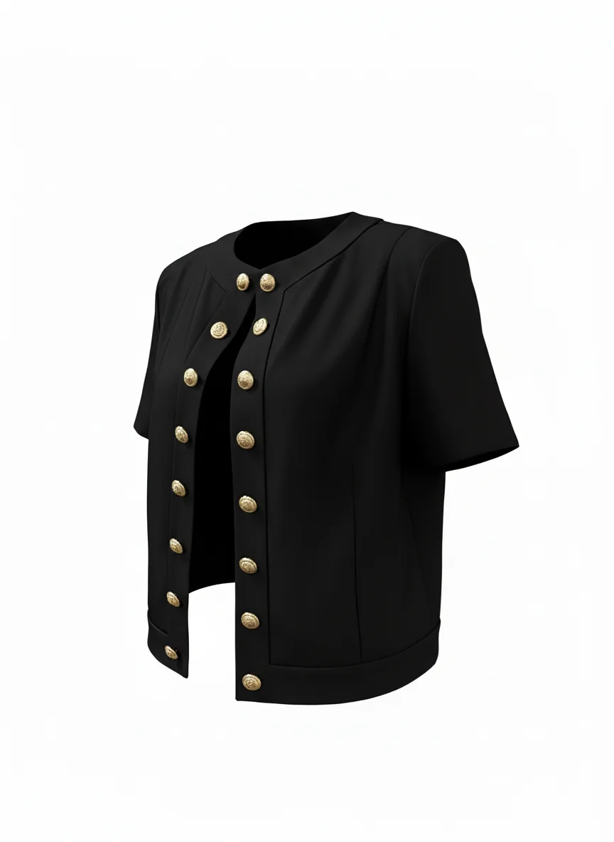 

Yeezzi 2025 Spring Summer Casual Office Black Jackets for Women Short Sleeves Buttoned Solid Color Round-Neck Thin Outerwear