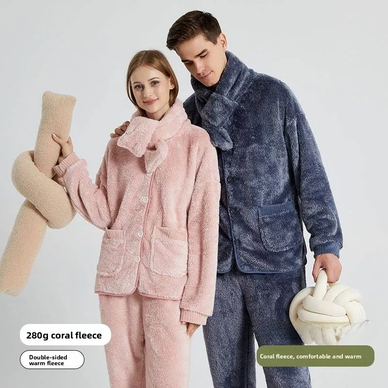 Women's Coral Fleece Sleepwear Thickened Winter Home Clothes Cardigan Style Outerwear Suitable plus Size Couples Pajamas
