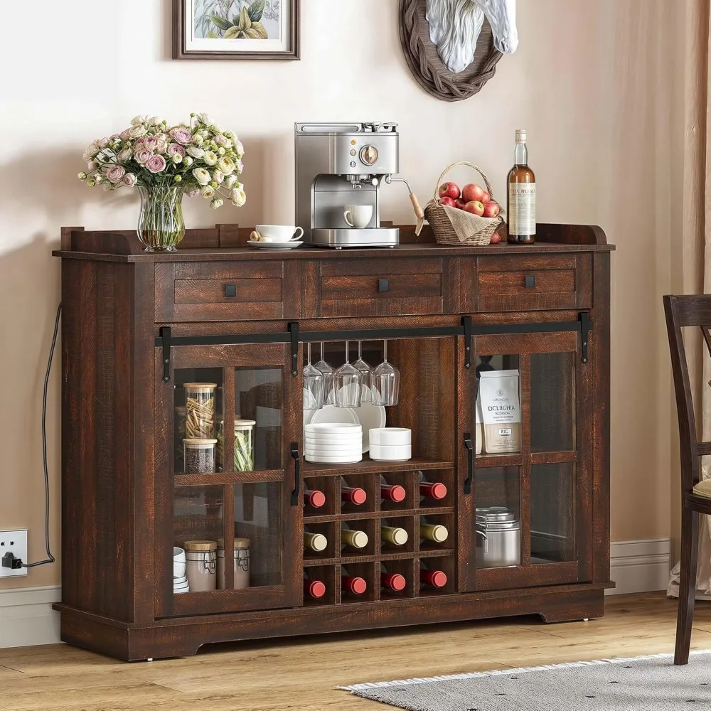 Farmhouse Coffee Bar Armário com Porta Deslizante e Gavetas, Aparador de Cozinha, Buffet Cabinet, Home Bar com Win, 53"