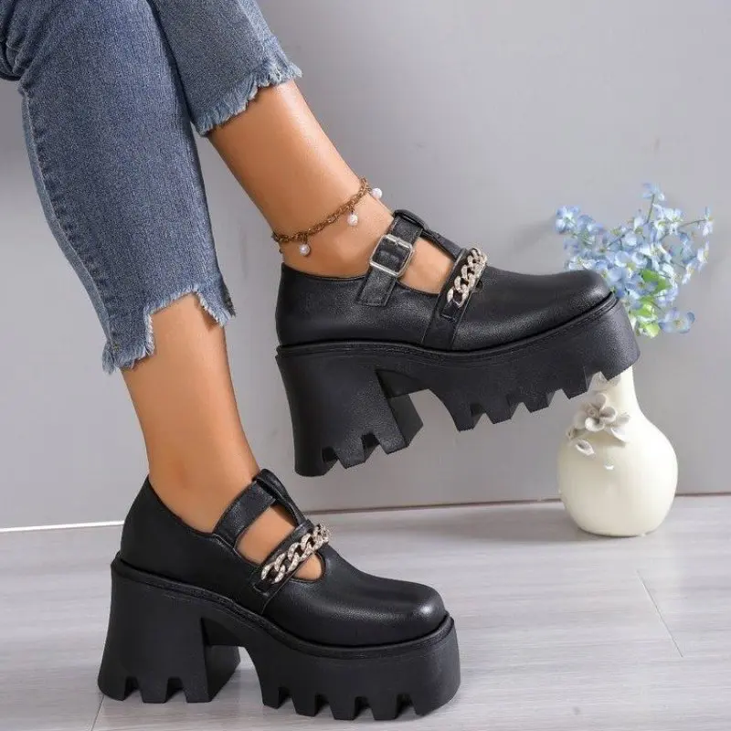 fall shoes for women Platform Shoes square heels Casual Shoes high heels 2024 summer heels shoes Platform pumps English Style 43