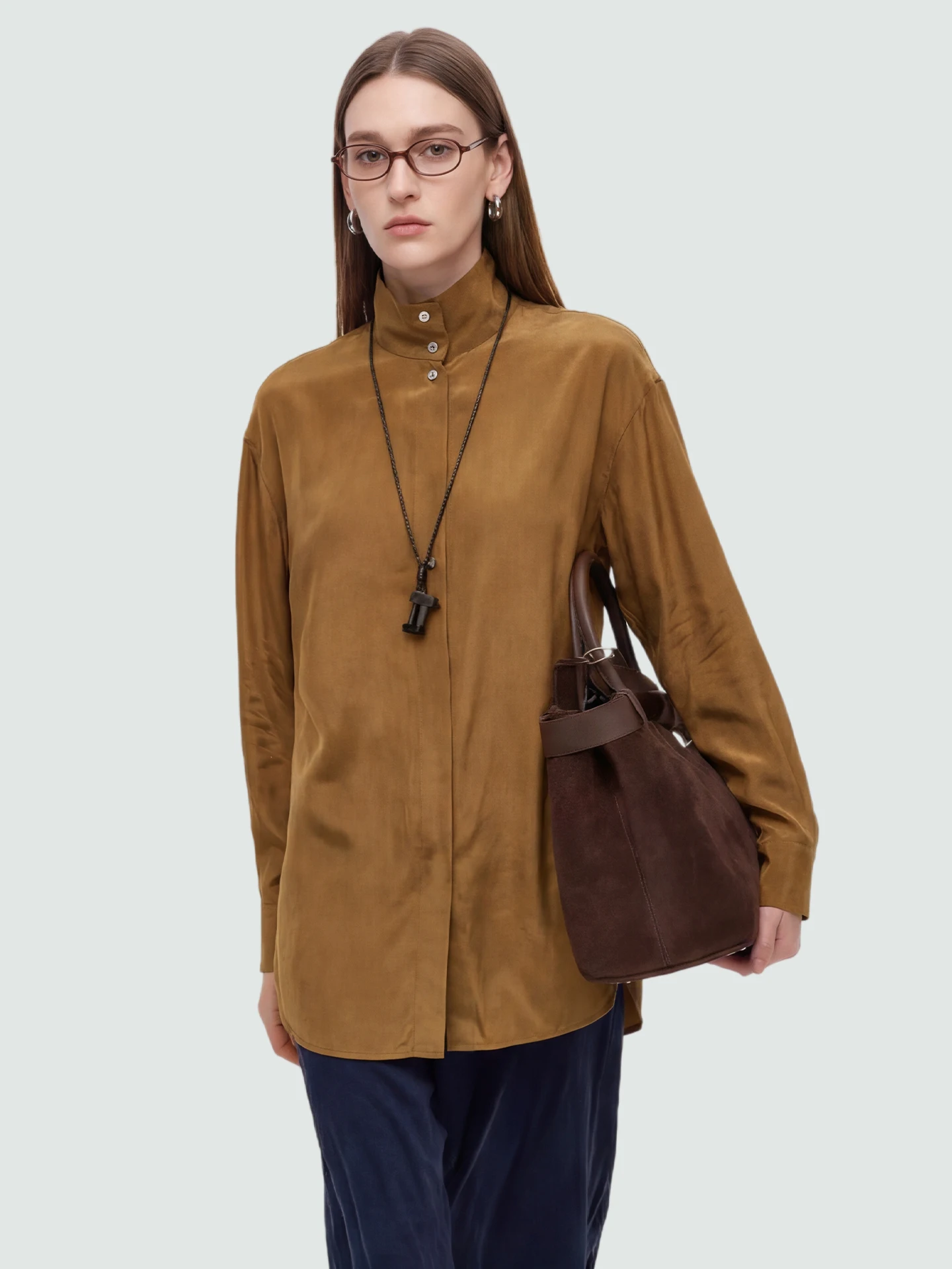 

Женская свободная блузка SueM Lemaire с воротником-стойкой, струящаяся, в земляных тонах, удобная для повседневной носки, дышащая, с длинным рукавом, весенняя новинка