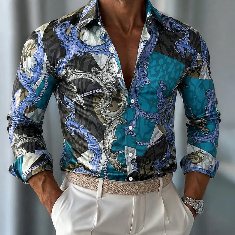 2026 New Men's Shirt Retro Baroque Pattern Animal Print Men's Long Sleeve Shirt Loose Collar Casual Top Trendy Long Sleeve Shirt