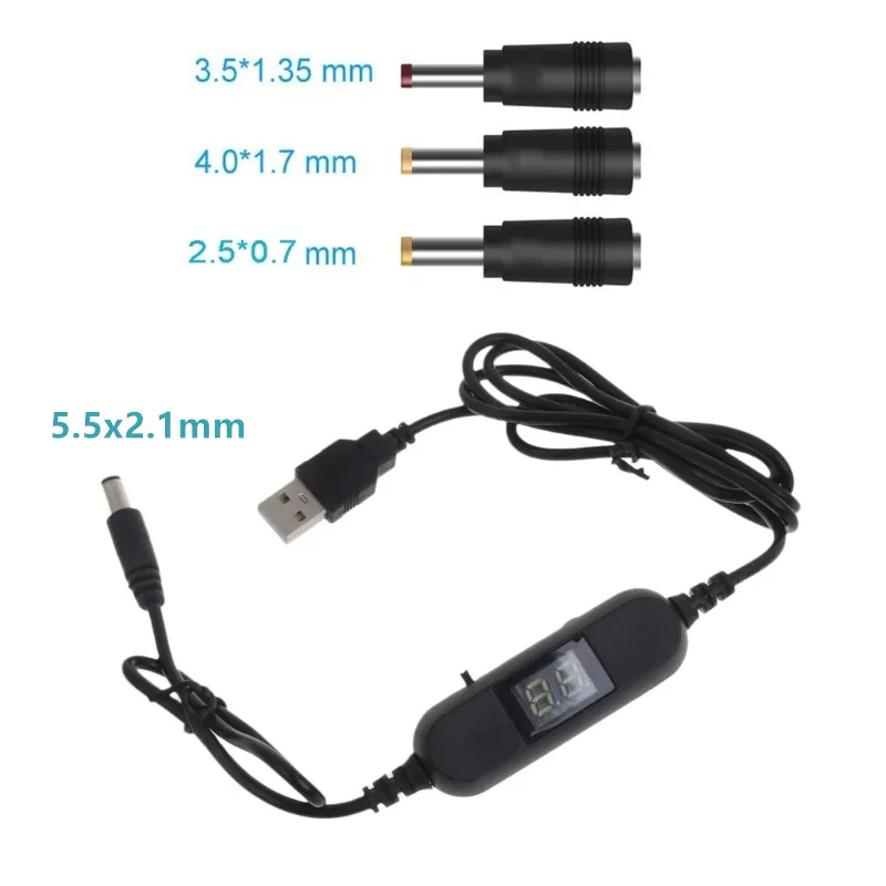 USB 5V to 1.5V 3V 4.5V 6V 9V 12V 2.5mm/3.5mm/4.0mm/5.5mm Adjustable Voltage Cable with LED Dislpay Step Up Down Converter Cord