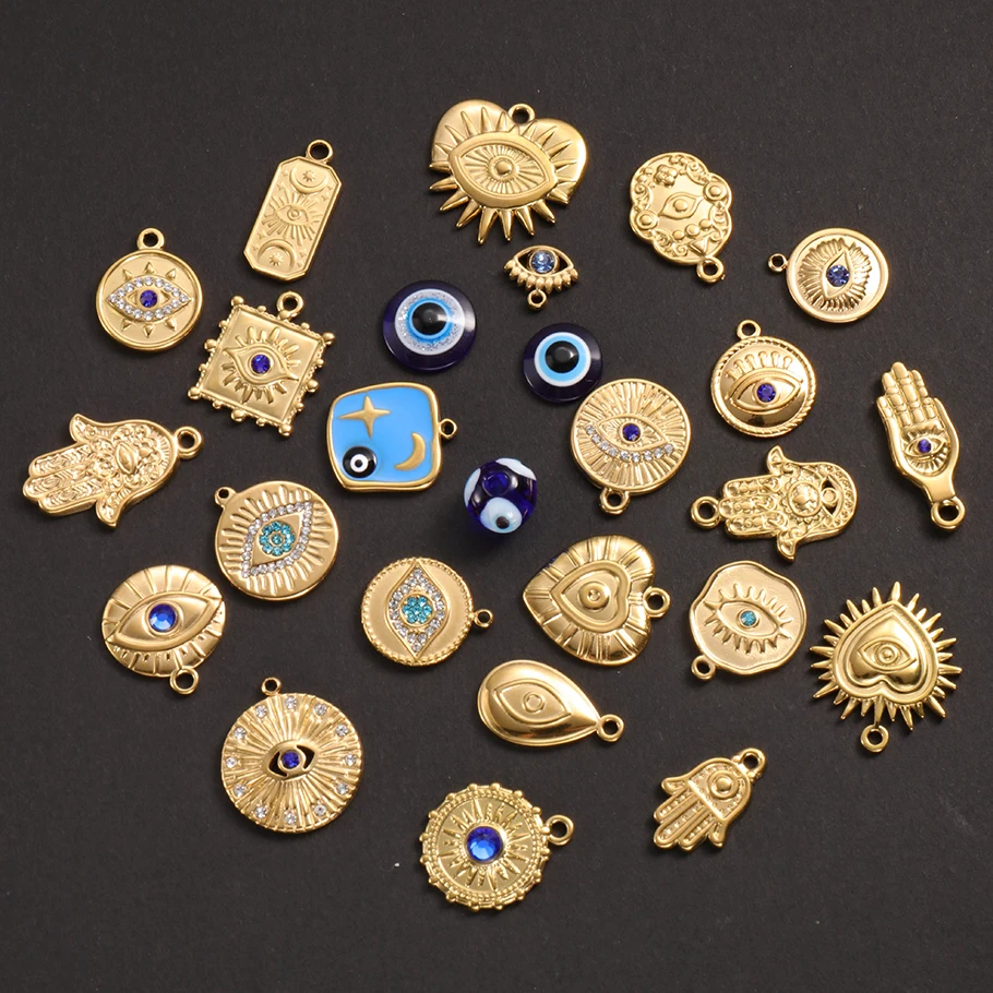 5 Stück Vintage handgefertigte blaue Öltropfen-Strass-Böser-Blick-Anhänger aus Hasama-Edelstahl mit Herz-Auge-Motiv für die Schmuckherstellung – Detail 1