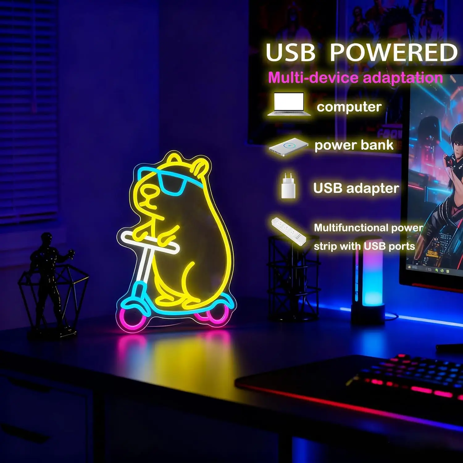 Cool Capybara LED Neon Sign USB Wall Light For Kids Bedroom Game Room Cafe Bar Cute Animal Aesthetic Shop Window Decor Gift