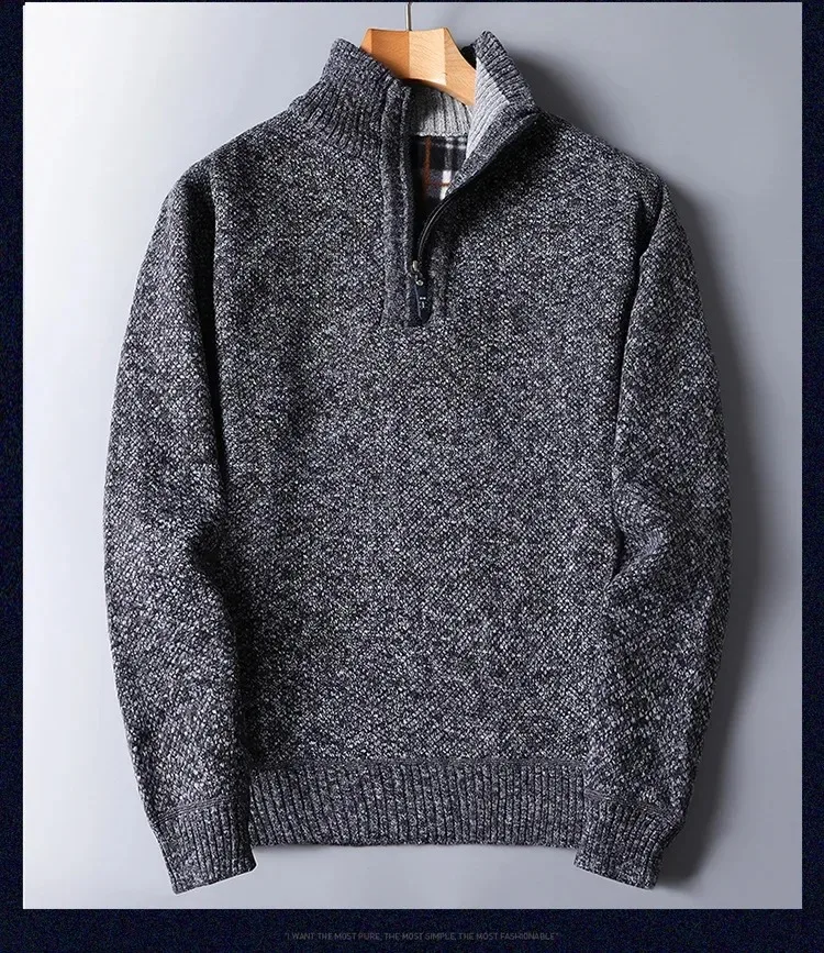 Herbst Winter männer Gepolsterte Pullover Mock Neck Halb Zipper Warme Verdickt Einfarbig Casual Pullover Männlichen Mode Strickwaren – Detail 11