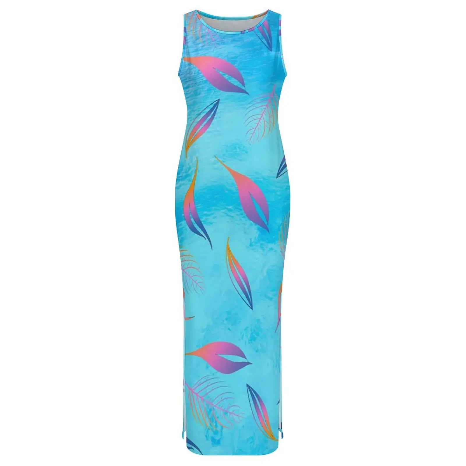 Femme robe feuille colorée bleu et rose mode robe moulante vacances sans manches mignon Maxi robes graphique vêtements surdimensionnés