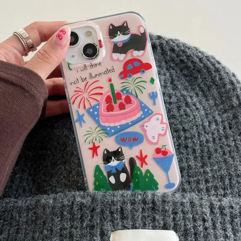 Retro black cat Bracelet Strawberry Cake Graffiti art Phone Case For iPhone 16 15 14 13 12 Pro Max Case Cartoon shockproof Cover