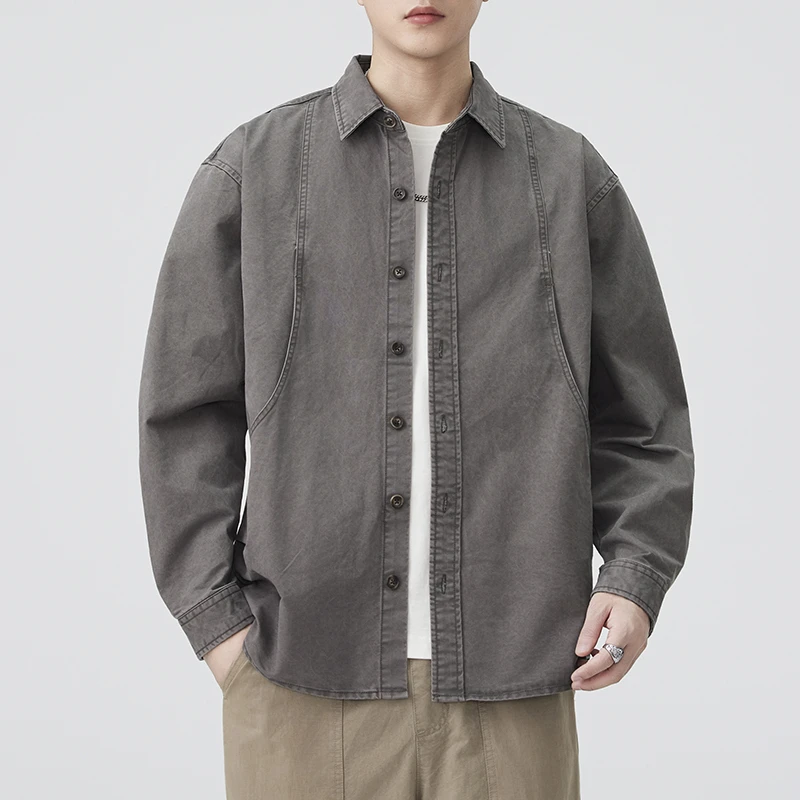 

Men Japanese Streetwear Fashion Loose Casual Long Sleeve Washed Cotton Cargo Shirts Coat Cityboy Cardigan Blouses Coat