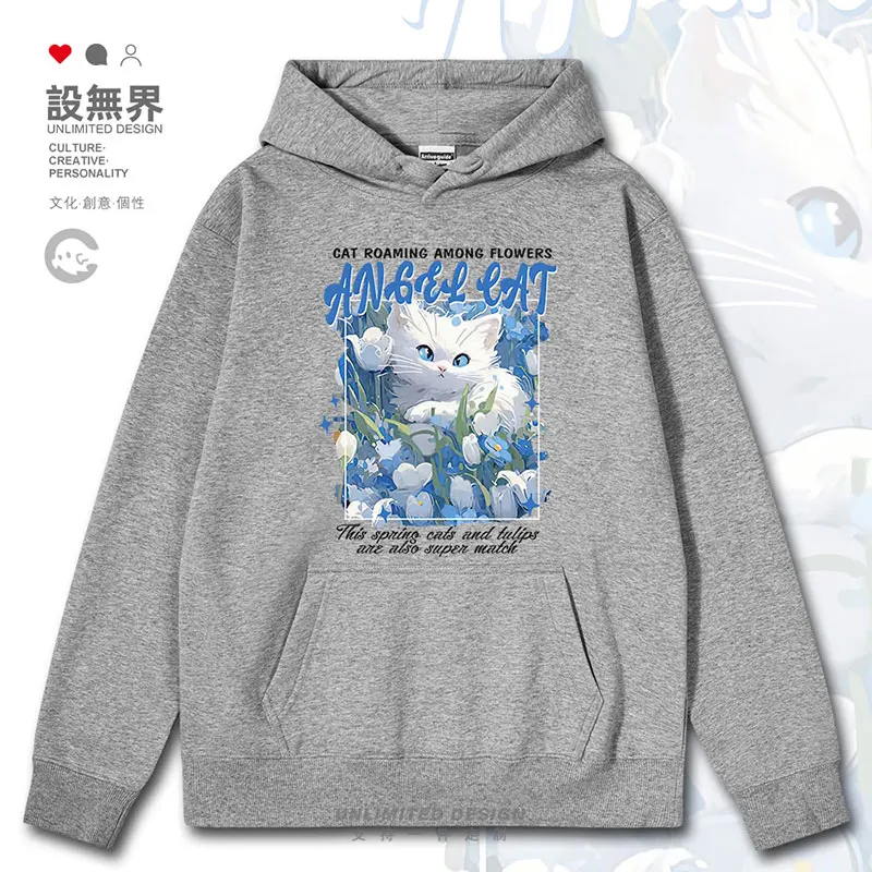 Dumb and Cute Cat Tulip Blue Flower Sea Oil Painting Cute Pet mens hoodies sweatshirt sporting sports autumn winter clothes