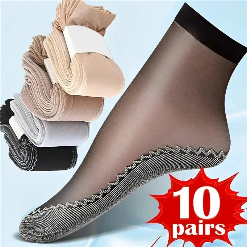1/5/10 Pasang Kaus Kaki Renda Ultratipis Kaus Kaki Sutra Sejuk Musim Panas Wanita Jaring Wanita Elastis Anti-selip Bawah Sambungan Pergelangan Kaki Pendek Sox