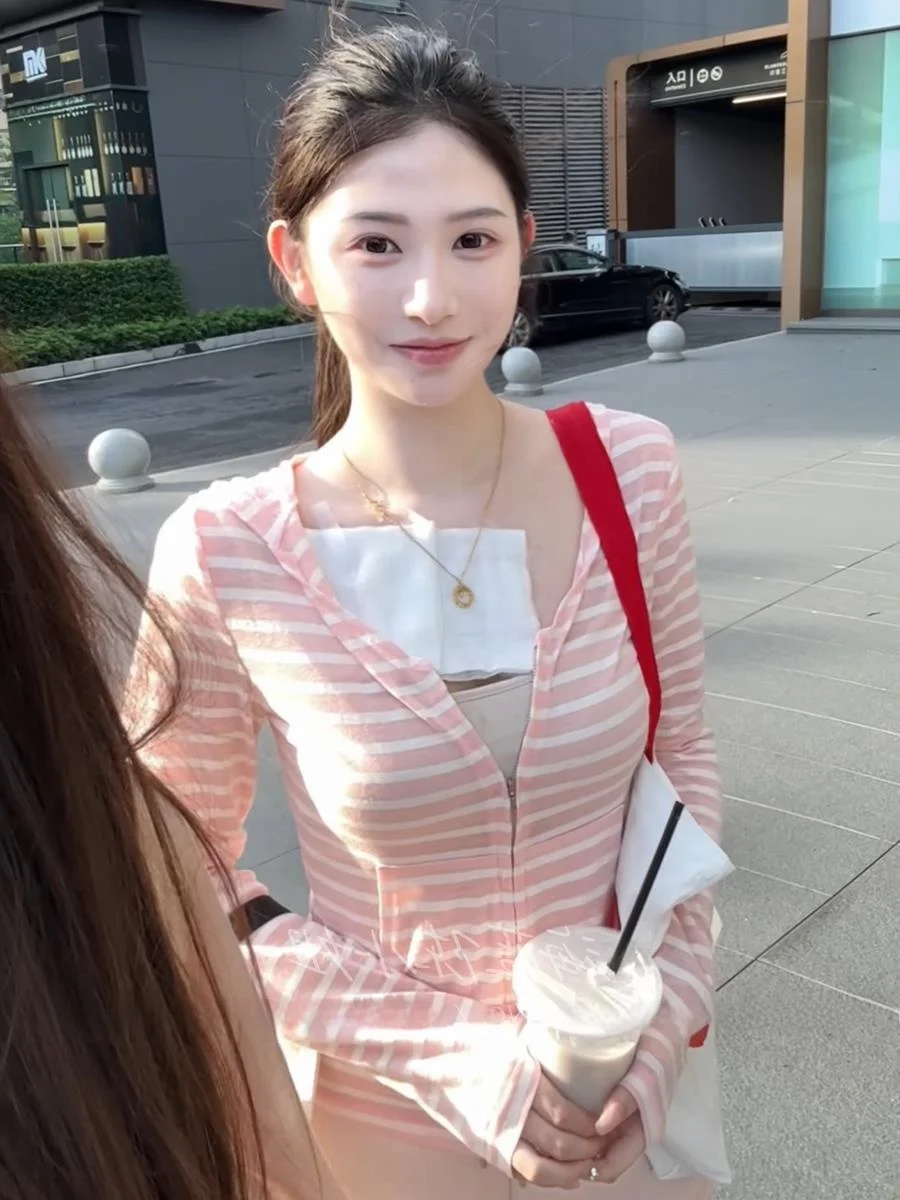 

Slim Fit ort Coat Pink Stripes Long Sve Korean Sle Spring Autumn Faionable Hooded Lightweight Jaet for Women