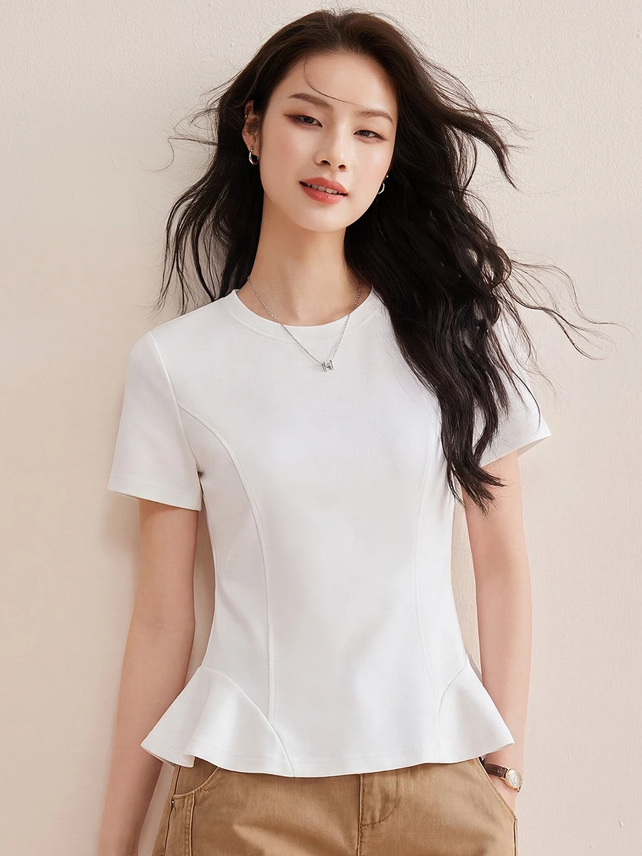 

Women Lyocell Cotton Cloud Texture T-shirt White Ruffle Hem Spliced Cool Feeling Slim Plus Size Short Sleeve Summer Fashion Tops