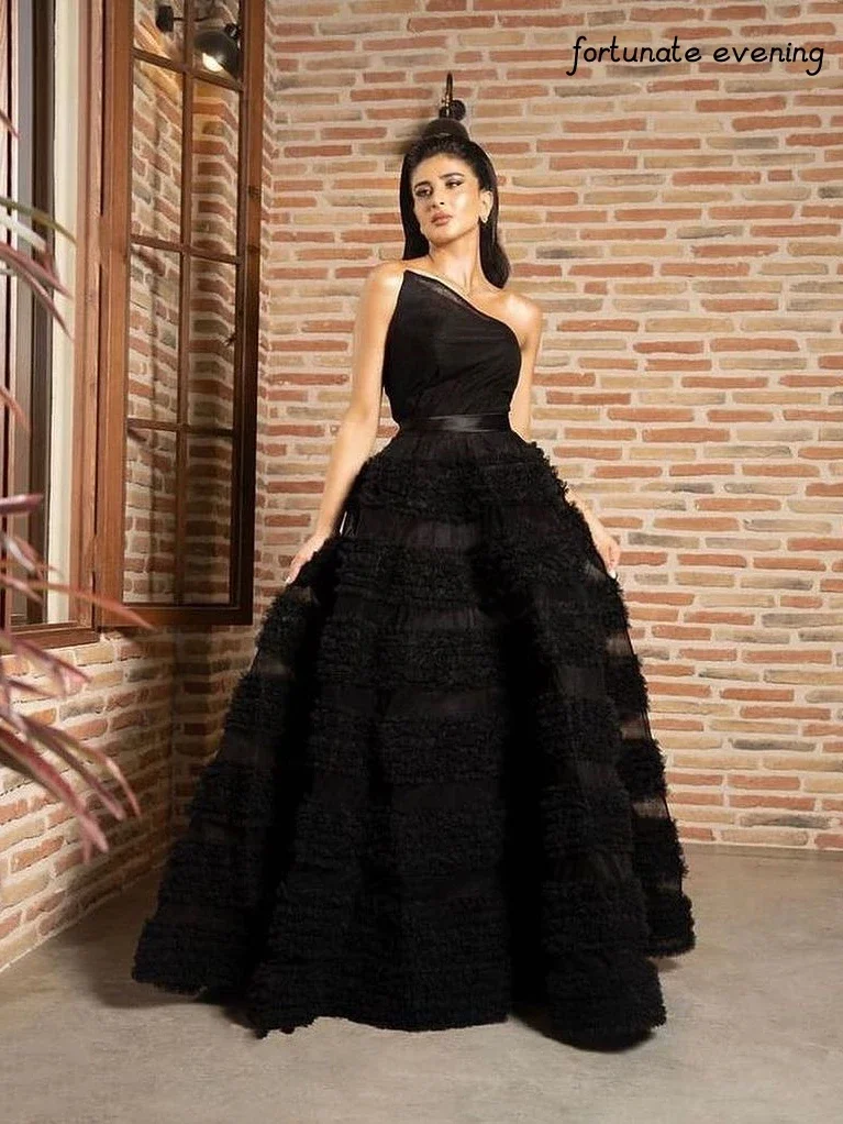 

Fortunate Evening Elegant Vintage Classic Black Ruffle Sexy A-Line Customized Formal Occasion Prom Dress Evening Party Gowns