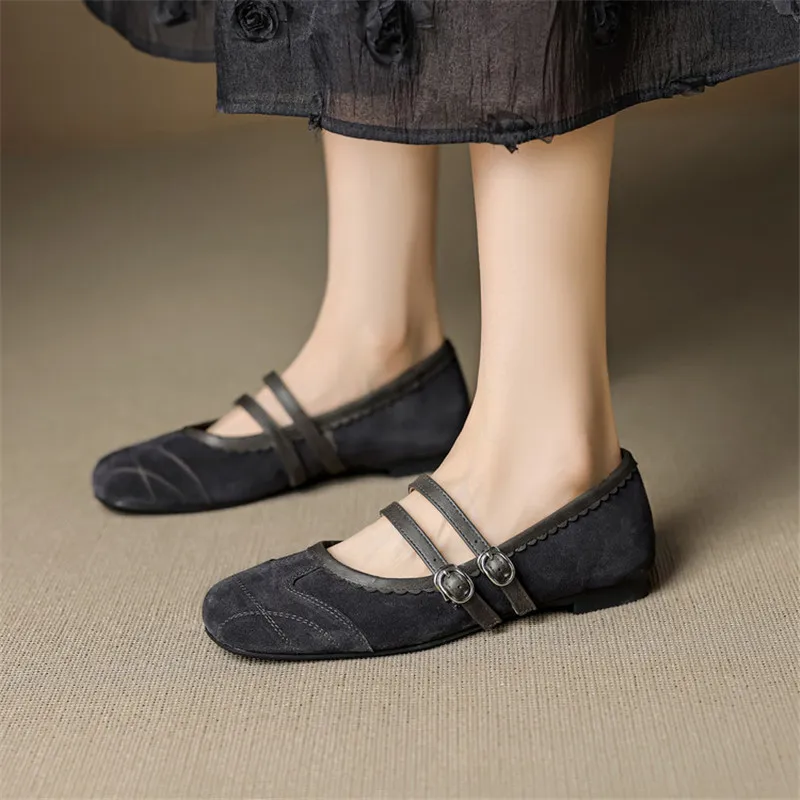 New Cow Suede Mary Jane Shoes Round Toe Shoes for Women Fashion Versatile Handmade Low Heel Shoes Internal Elevation Women Pumps