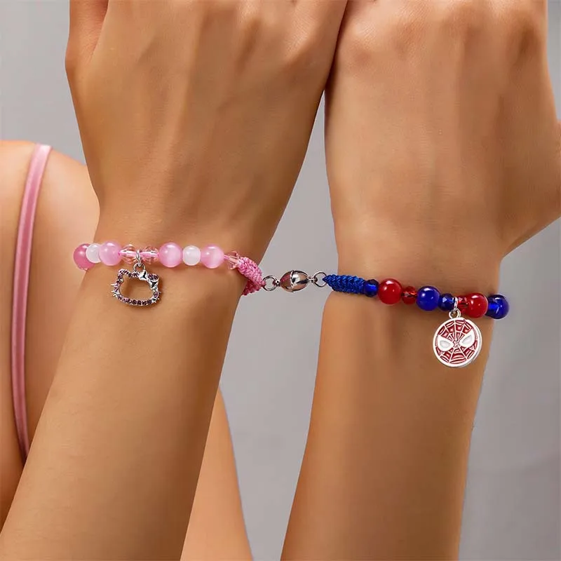 Kawaii Hello Kitty Sanrio Braided Bracelet Anime Figure Alloy Magnetic Bracelet Hand Woven Wristband Couple Style Gifts 2Pcs/Set