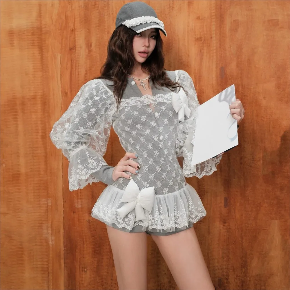 

Модный комплект из двух предметов с бантом: новый женский костюм-двойка, комбинезоны с длинными рукавами, кружевные платья-ромперы